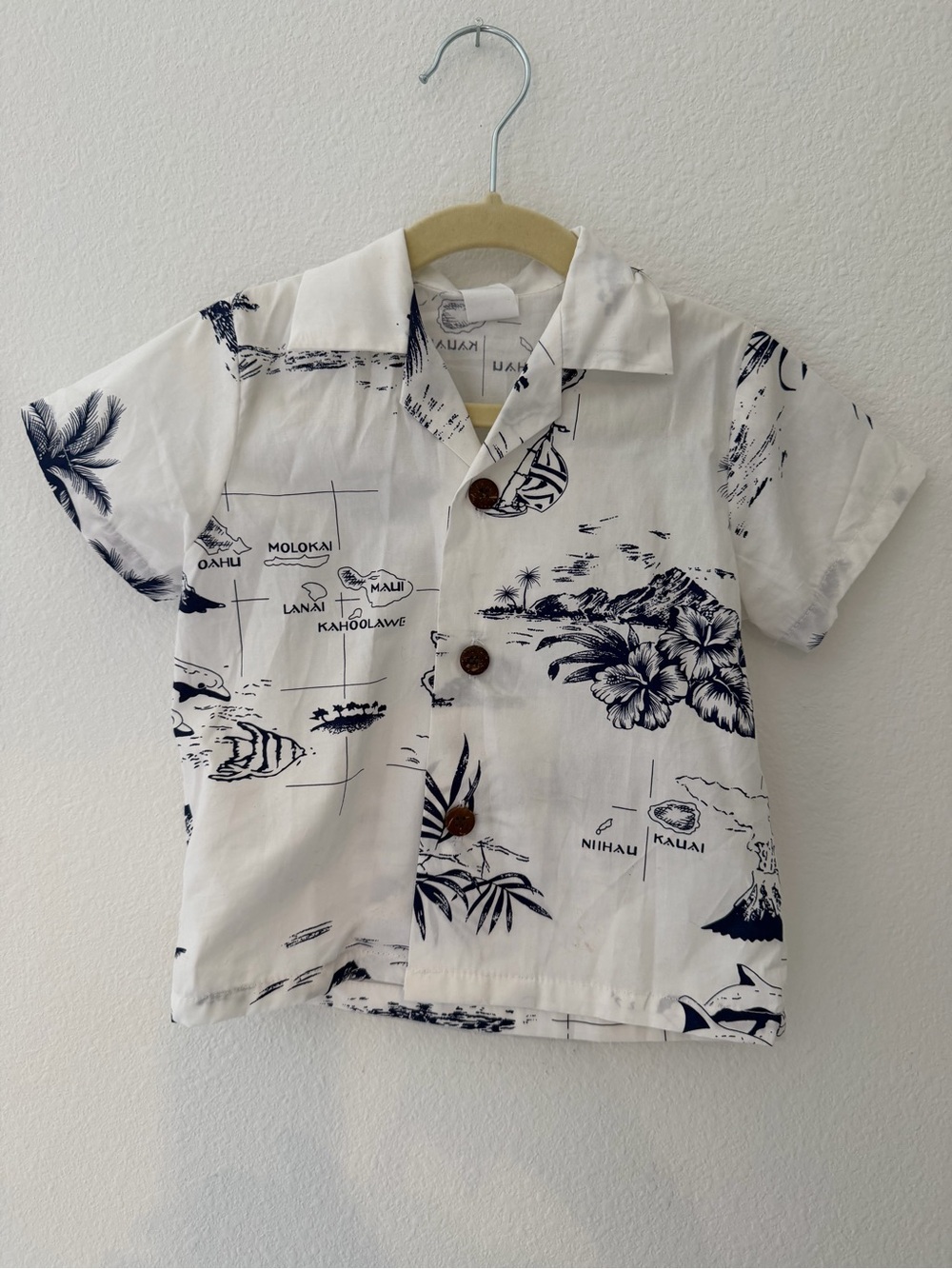 Boys White & Navy Hawaiian Island Print Button-Down Shirt with shorts